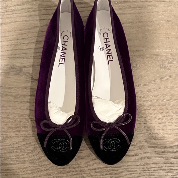 CHANEL Purple Velvet Flats with Black Cap Toe